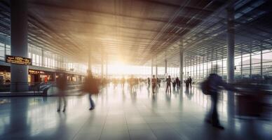 aeropuerto edificio, internacional Terminal, corriendo personas a tierra, borroso antecedentes - ai generado imagen foto