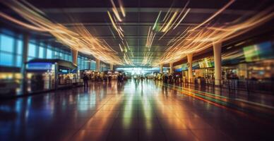 aeropuerto edificio, internacional Terminal, corriendo personas a tierra, borroso antecedentes - ai generado imagen foto