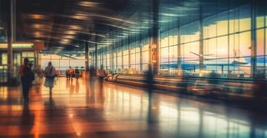 aeropuerto edificio, internacional Terminal, corriendo personas a tierra, borroso antecedentes - ai generado imagen foto