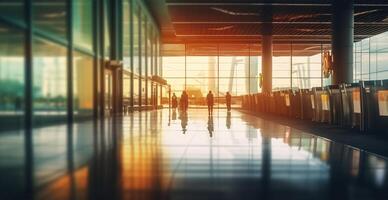 aeropuerto edificio, internacional Terminal, corriendo personas a tierra, borroso antecedentes - ai generado imagen foto