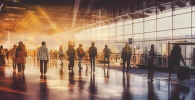 aeropuerto edificio, internacional Terminal, corriendo personas a tierra, borroso antecedentes - ai generado imagen foto