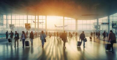 aeropuerto edificio, internacional Terminal, corriendo personas a tierra, borroso antecedentes - ai generado imagen foto