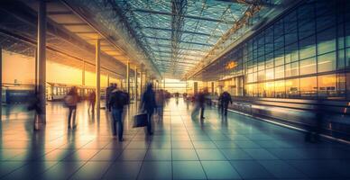 aeropuerto edificio, internacional Terminal, corriendo personas a tierra, borroso antecedentes - ai generado imagen foto