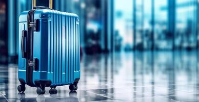 Blue suitcase, airport luggage - image photo