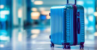 Blue suitcase, airport luggage - image photo