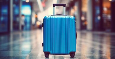 Blue suitcase, airport luggage - image photo