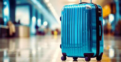 Blue suitcase, airport luggage - image photo