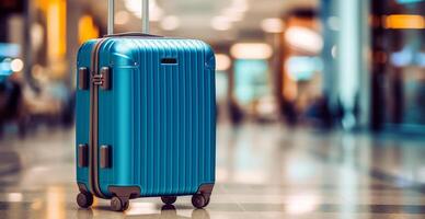 Blue suitcase, airport luggage - image photo