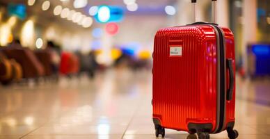 rojo maleta, equipaje a el aeropuerto - ai generado imagen foto