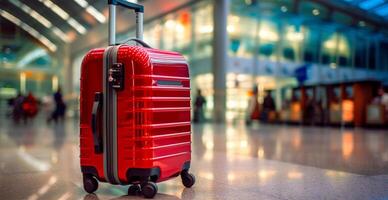 rojo maleta, equipaje a el aeropuerto - ai generado imagen foto