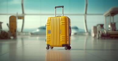 amarillo maleta, equipaje a el aeropuerto - ai generado imagen foto