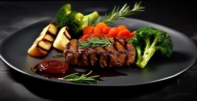 Cooked fresh beef with vegetables in a black plate, healthy eating, dark background - image photo