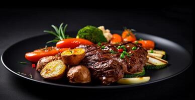 Cooked fresh beef with vegetables in a black plate, healthy eating, dark background - image photo