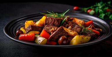 Cooked fresh beef with vegetables in a black plate, healthy eating, dark background - image photo