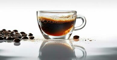 blanco taza de café con café frijoles en blanco antecedentes - ai generado imagen foto