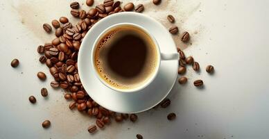 blanco taza de café con café frijoles en blanco antecedentes - ai generado imagen foto