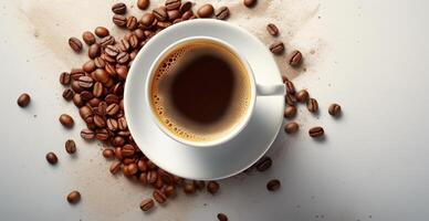 White cup of coffee with coffee beans on white background - image photo