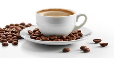 White cup of coffee with coffee beans on white background - image photo