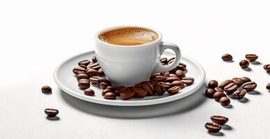 White cup of coffee with coffee beans on white background - image photo