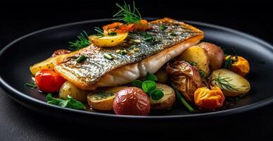 Cooked fish with fresh vegetables - AI generated image photo