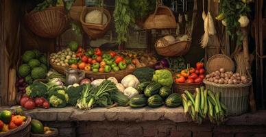 Vegetable farmers market stall, colorful various fresh organic healthy vegetables - AI generated image photo