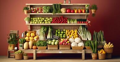 Vegetable farmers market stall, colorful various fresh organic healthy vegetables - AI generated image photo