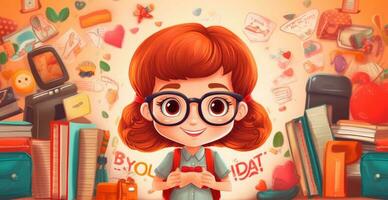 Young schoolgirl learning homework, back to school - AI generated image photo