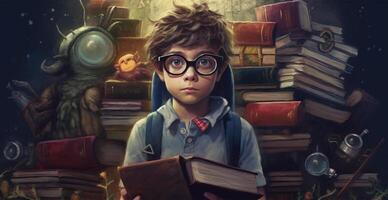 Young schoolboy learning homework, back to school - AI generated image photo