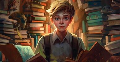 Young schoolboy learning homework, back to school - AI generated image photo