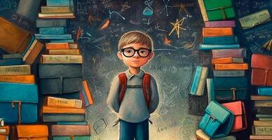 Young schoolboy learning homework, back to school - AI generated image photo