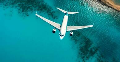 Top down view of white plane flying over blue sea, ocean, travel, vacation concept - AI generated image photo