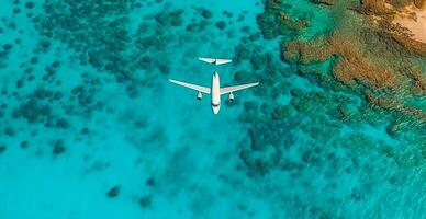 Top down view of white plane flying over blue sea, ocean, travel, vacation concept - AI generated image photo