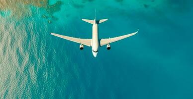 Top down view of white plane flying over blue sea, ocean, travel, vacation concept - AI generated image photo