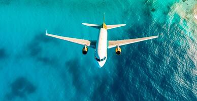 Top down view of white plane flying over blue sea, ocean, travel, vacation concept - AI generated image photo