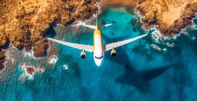 Top down view of white plane flying over blue sea, ocean, travel, vacation concept - AI generated image photo