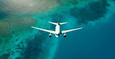 Top down view of white plane flying over blue sea, ocean, travel, vacation concept - AI generated image photo