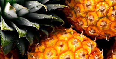 Realistic pineapple texture. Close-up pineapple skin, tropical pattern, fruit banner - image photo