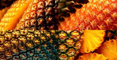 Realistic pineapple texture. Close-up pineapple skin, tropical pattern, fruit banner - image photo