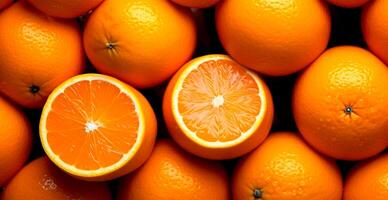 Realistic orange texture. Orange circles close up, tropical pattern, fruit banner - AI generated image photo