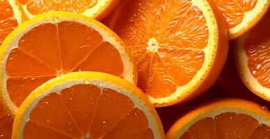 Realistic orange texture. Orange circles close up, tropical pattern, fruit banner - image photo