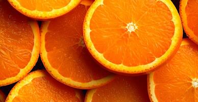 Realistic orange texture. Orange circles close up, tropical pattern, fruit banner - AI generated image photo