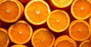 Realistic orange texture. Orange circles close up, tropical pattern, fruit banner - AI generated image photo