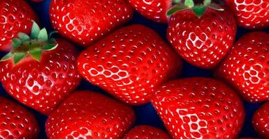 Eco strawberry. Macro of fresh organic natural berries. Fruit red background - AI generated image photo