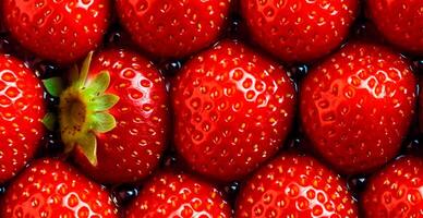 Eco strawberry. Macro of fresh organic natural berries. Fruit red background - AI generated image photo