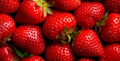 Eco strawberry. Macro of fresh organic natural berries. Fruit red background - AI generated image photo