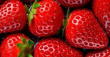 Eco strawberry. Macro of fresh organic natural berries. Fruit red background - AI generated image photo