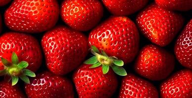 Eco strawberry. Macro of fresh organic natural berries. Fruit red background - image photo