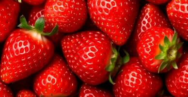 Eco strawberry. Macro of fresh organic natural berries. Fruit red background - AI generated image photo