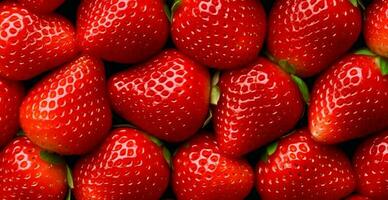 Eco strawberry. Macro of fresh organic natural berries. Fruit red background - AI generated image photo