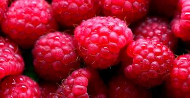 Eco raspberry. Macro of fresh organic natural berries. Fruit red background - AI generated image photo